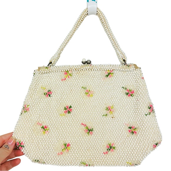 Lumured 1950s Corde Beaded Floral Embroidered Mini Bag Clutch Purse Cream Pink - Picture 3 of 15